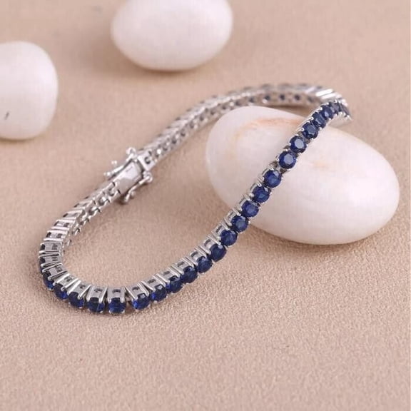 3mm 8Ct Round Lab Created Blue Sapphire 14k White Gold Plated Tennis Bracelet 7"