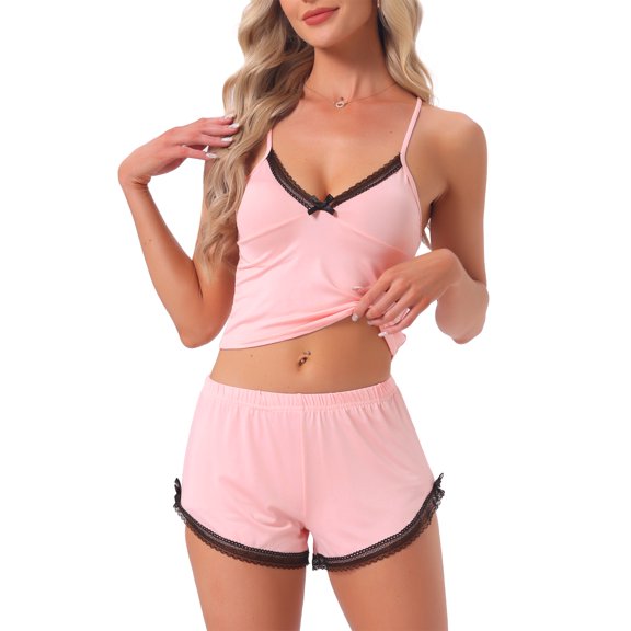DARING DIVA Women's Casual Lace Trim Bow Soft Cami Top and Shorts Pajamas Set L Pink