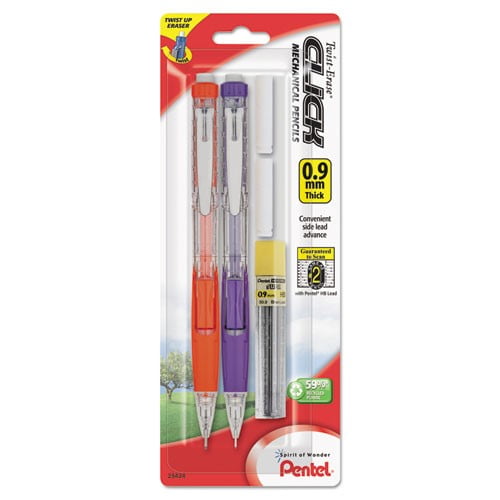 Pentel TwistErase Click Pencil 0.9mm, 2Pk, Lead and 2 erasers