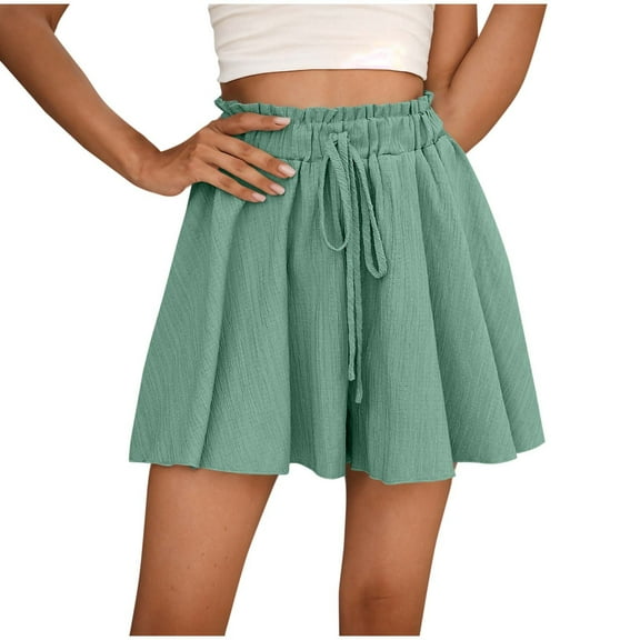 Shorts Skorts for Womens Summer Wavy Hemline Pleated Shorts High Waisted Lace-Up Elastic Waist Sweatpant Baggy Relaxed Fit Skorts Knee Length Quick Dry Active Shorts Beach Travel Vacation Outfits