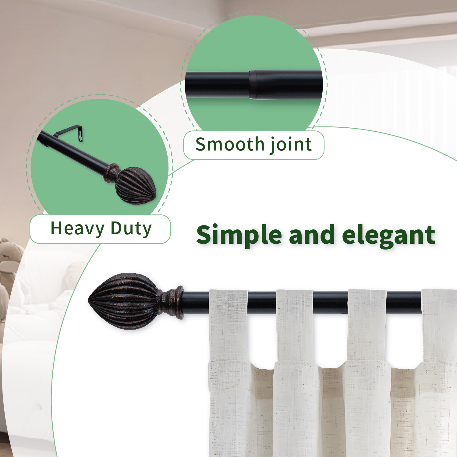 3/4 Inch Standard Decorative Window Curtain Rod, 48-84" Adjustable Length for Windows