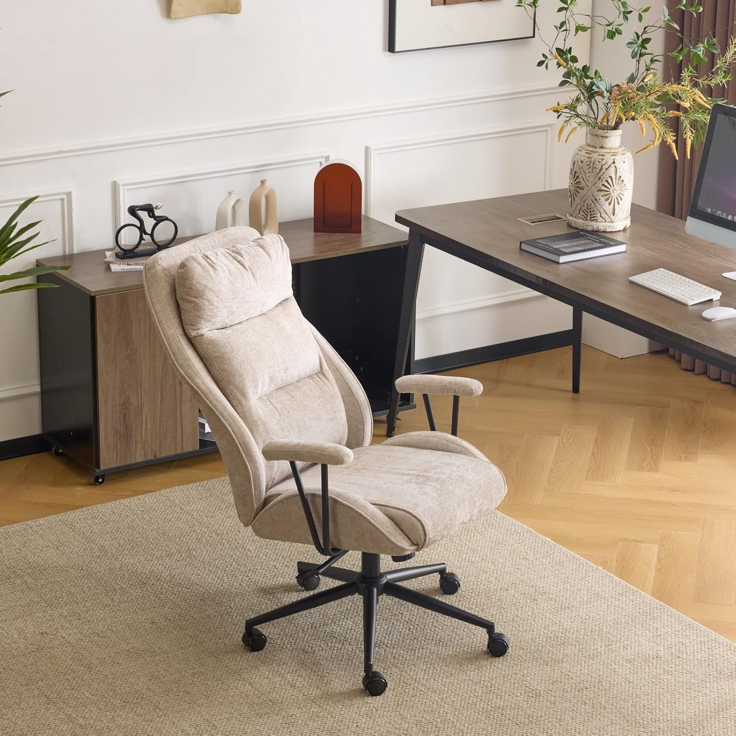 VINGLI Chenille Executive Ergonomic Fabric Office Chair with 100-130° Recline, High-Back Desk Chair with Adjustable Base &Padded Back & Wheels, Comfy Chair for Gaming, Computer, Home Office,Dark Gray