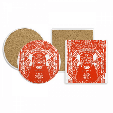 

Red Peking Opera Paper-cut Head Coaster Cup Mug Holder Absorbent Stone Cork Base Set