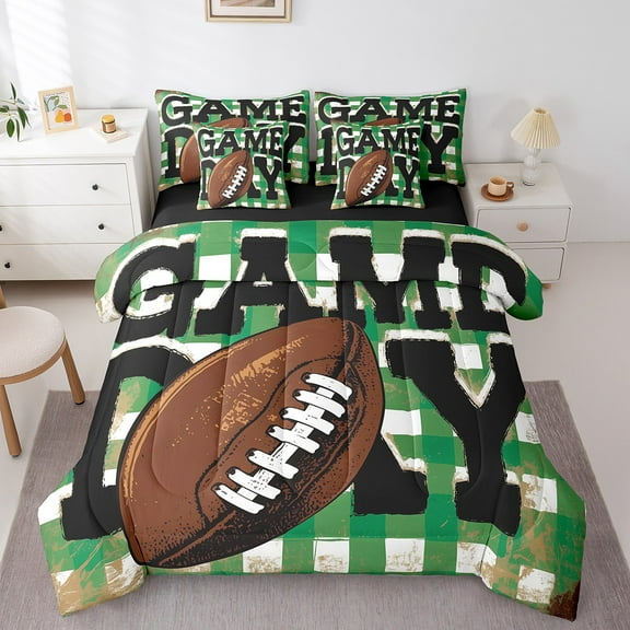 Erosebridal Brown Rugby Bedding Sets Twin Size, Soccer Football Comforter Sets with Sheets, Green Plaid Decor, Reversible 7-Piece