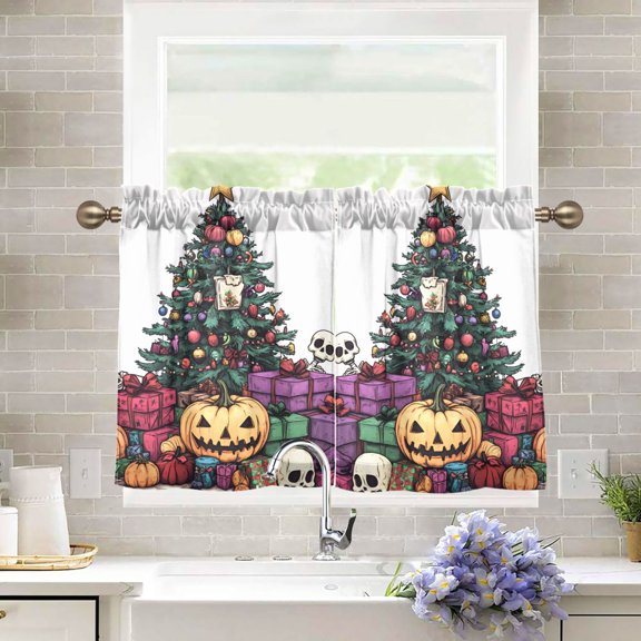 Yayeee Kitchen Curtains Light Filtering 27"x24" Rod Pocket Short Cafe Window Panel, Purple Halloween Trees