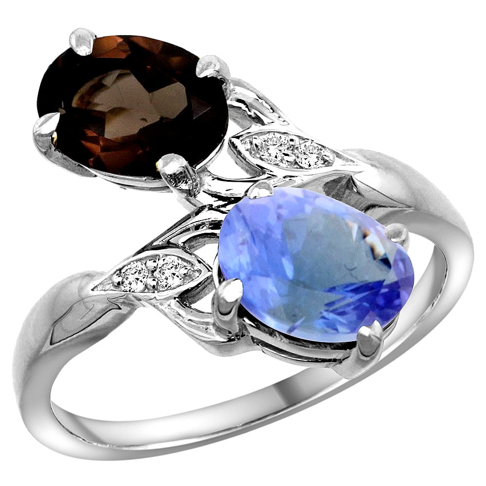 14k White Gold Diamond Natural Smoky Topaz & Tanzanite 2-stone Ring Oval 8x6mm, size 5 by Gabriella Gold
