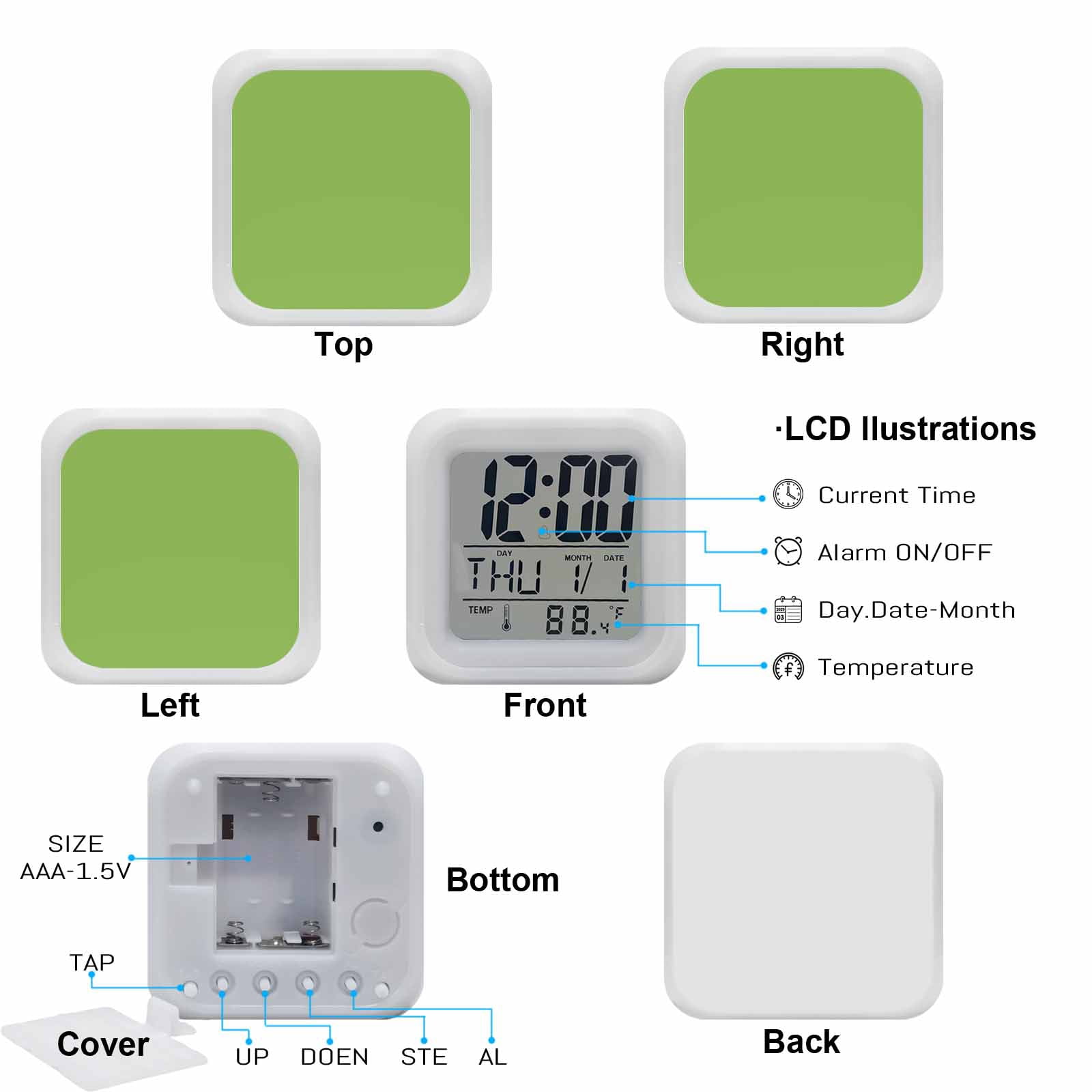 Green Digital Alarm Clock for Bedrooms,Smart LED Alarm Clock with 7 Color Changing Night Light,Solid Color Simple Abstract Fashion Light Color Silent Wake Up Clocks for Sleep Study Cooking 3.2"x3.2"