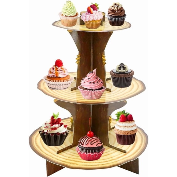 Wooden Cupcake Stand, 3 Tier Rustic Cardboard Cupcake Holder, Woodland Dessert Tower for Baby Shower Decor Birthday Party Supplies