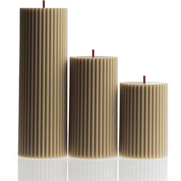 LAWA Roman Handmade Tall Ribbed Pillar Candle - Beautiful Scented Soy Wax Dinner Candle | Classic Aesthetic Decoration Set | Housewarming Gift | Home Room Shelf Decor Idea - Olive Beige (Set of 3)