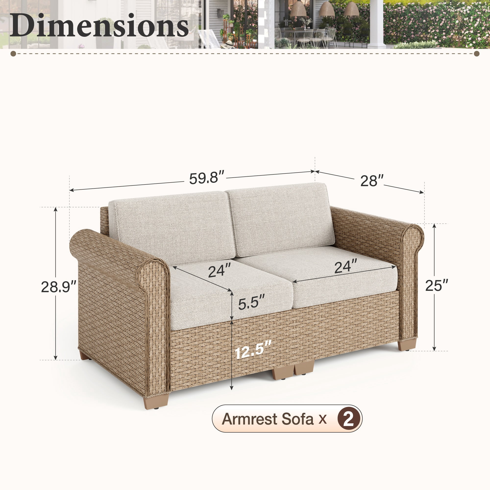Summit Living 2-Pack Outdoor Patio Furniture Set, 2-Seat Wicker Outdoor Patio Sectional Conversation Set, Rattan Loveseat, Beige