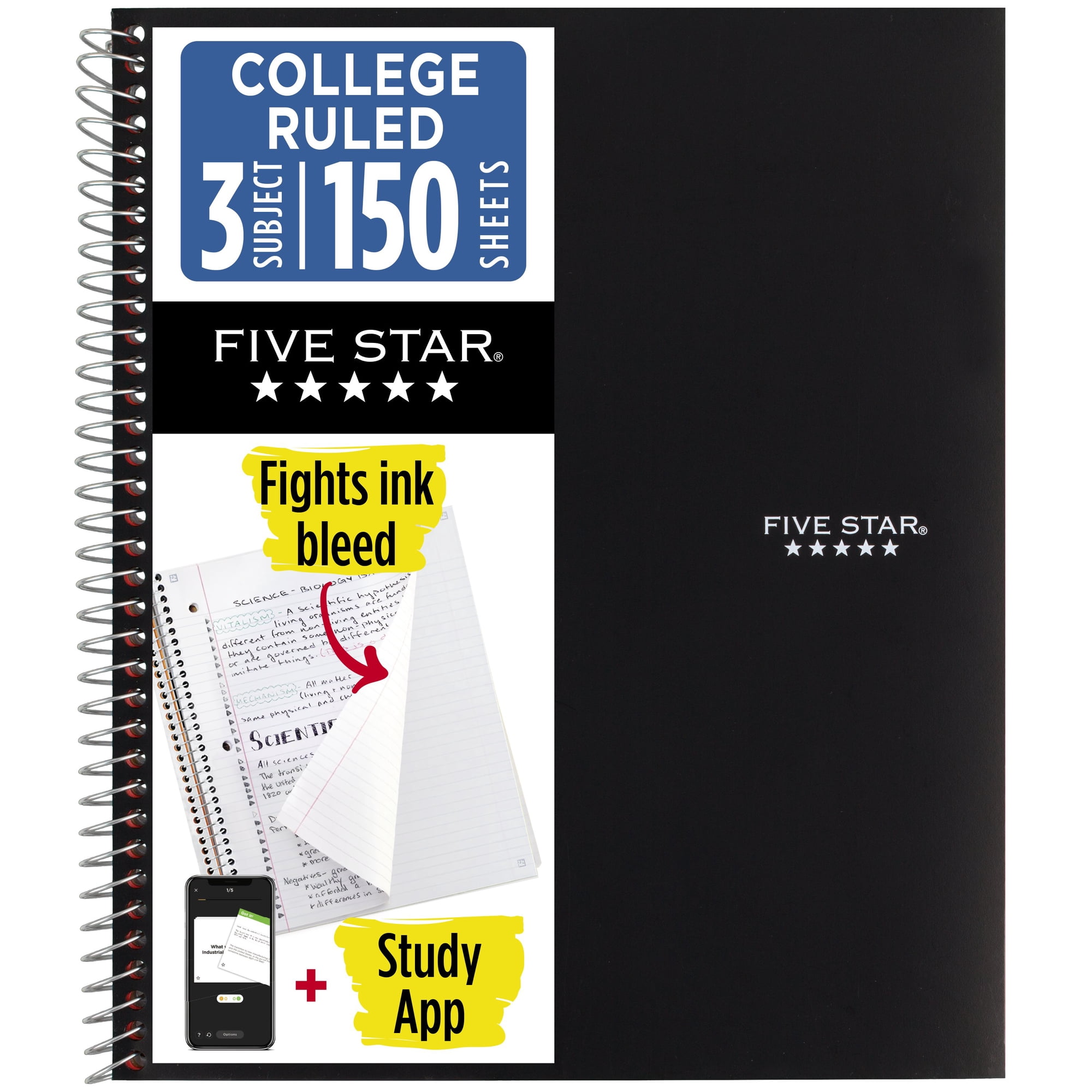 Five Star Spiral Notebook + Study App, 3 Subject, College Ruled, 8.5" x 11", Black