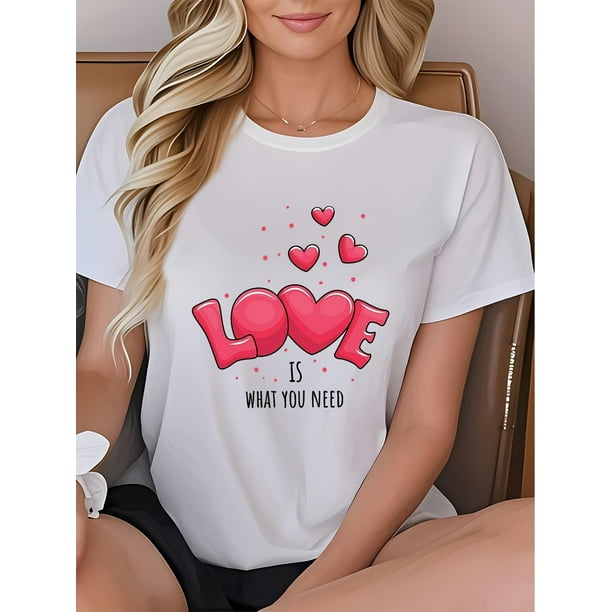 Women's Spring/Summer Fashion T-Shirt - Casual Round Neck with "LOVE" & Heart Print, Breathable Non-Camisetas para mujer, lindas camisetas con estampado gráfico, de manga corta, estilo casual, para ve