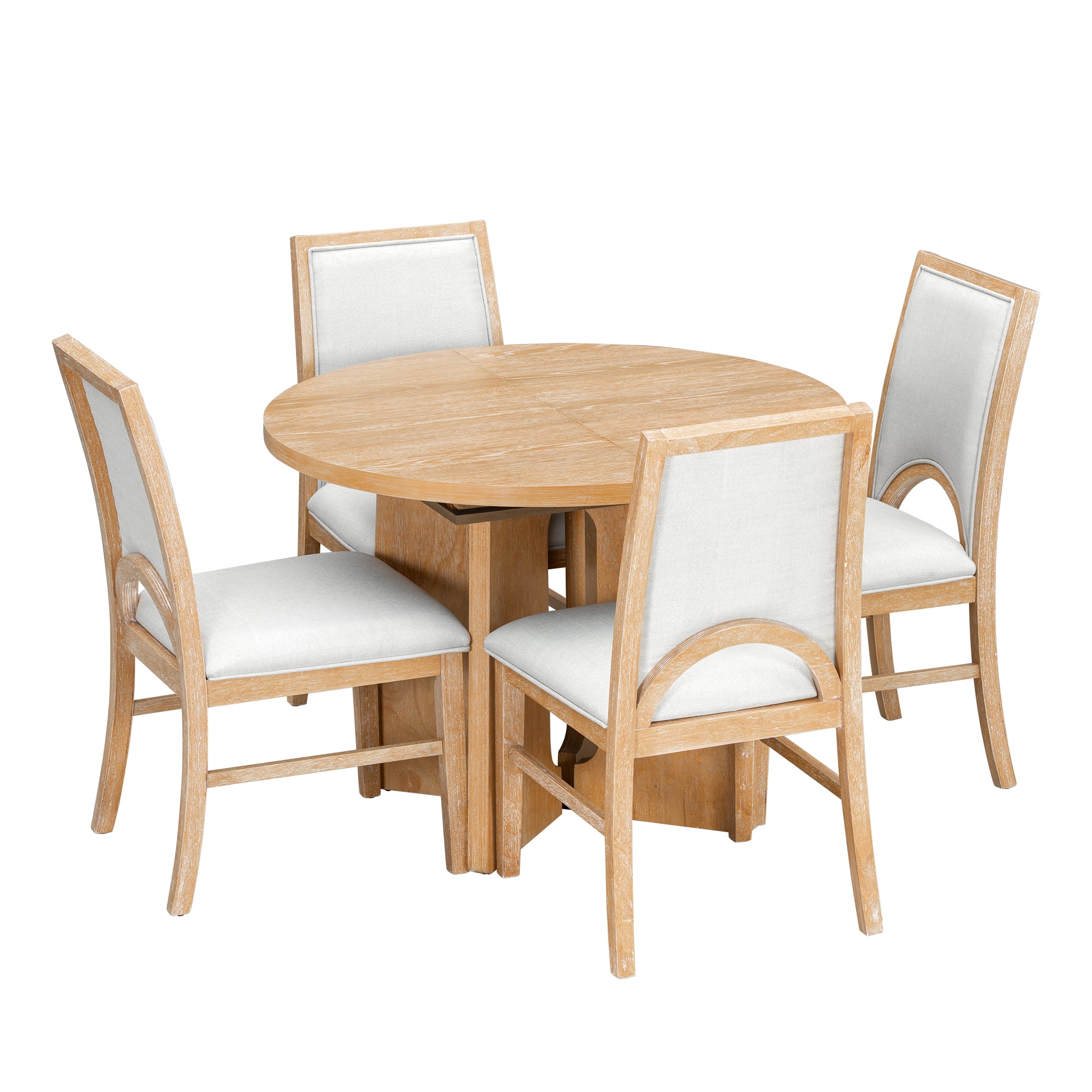 Euroco 5 Piece Wood Round Dining Table Set for 4, 41.3"-57.3" Extendable Kitchen Table Set with 4 Upholstered Chairs & Removable Leaf for Kitchen,Dining Room,Natural