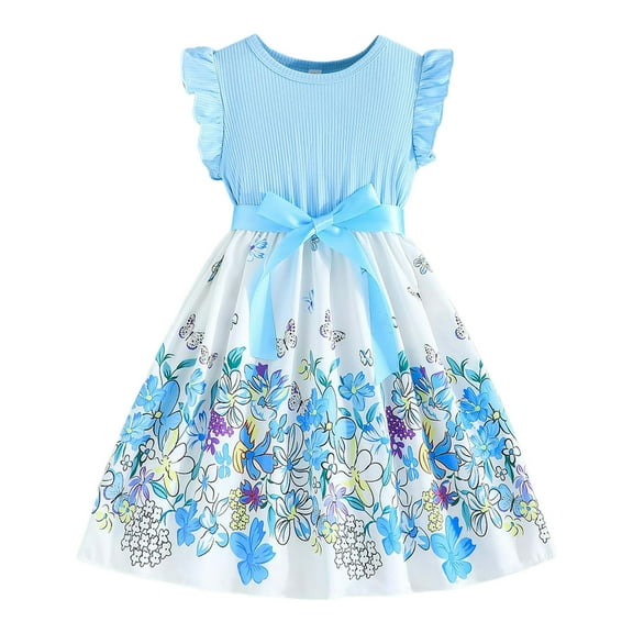 Rovga girls spring dress Solid Color Sleeveless Round Neck Sequin Skirt With Pleated Skirt Kids Birthday Wedding Party Pageant Gown Sundress 3-4 Years Cute Outfits Blue