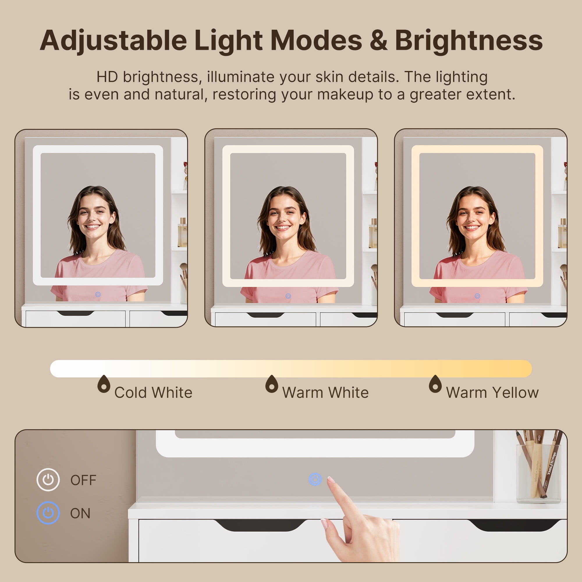 Aiho Makeup Dressing Table with Lighted Mirror - 3 Adjustable Color Modes, 5 Drawers & Storage Shelves, Vanity Set for Bedroom - White