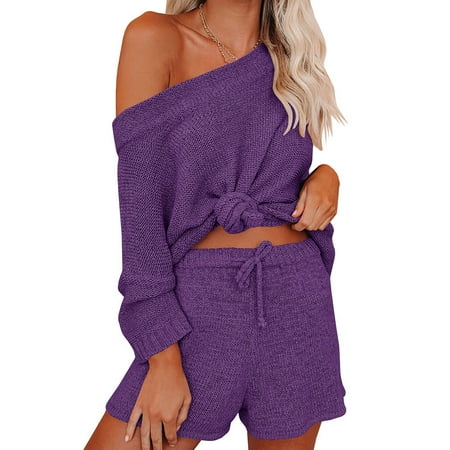 

Women s Spring And Autumn Two-Piece Jacket + Shorts Thin Knitted Pajamas Set