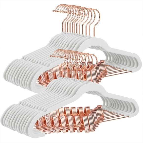 SONGMICS Paquete de 24 Perchas de Terciopelo para Pantalones Perchas de 16,7 Pulgadas de Largo con Clips Móviles de Color Oro Rosa Resistentes Antideslizantes Ahorro de Espacio para Pantalones Faldas