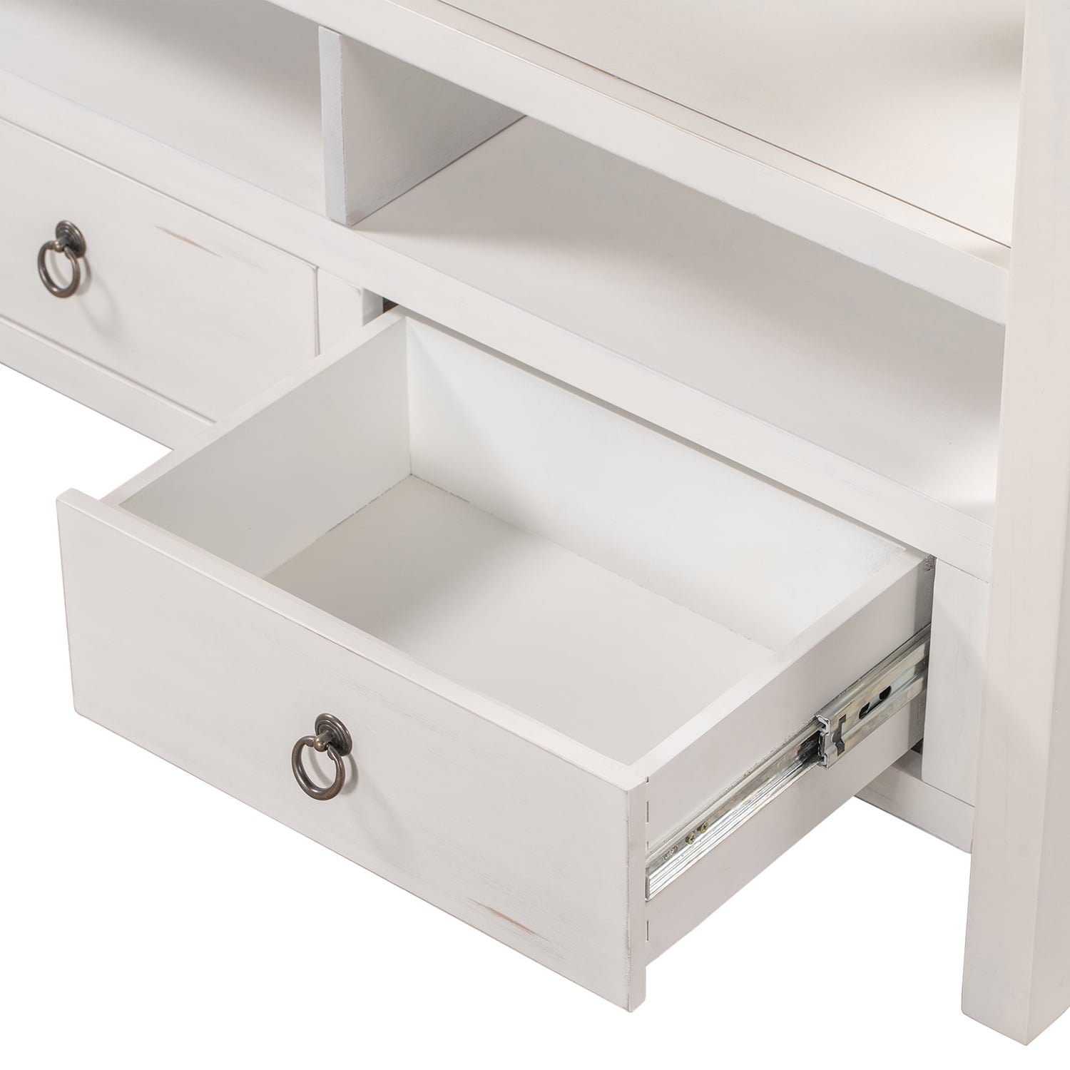 Kadyn Solid Wood Console Table, Sofa Console Table with Three Drawers and Double-Storey Tabletop, Classic Accent Table for Living Room, Antique White Kadyn Solid Wood Console Table, Sofa Console Table with Three Drawers and Double-Storey Tabletop, Classic Accent Table for Living Room, Antique White