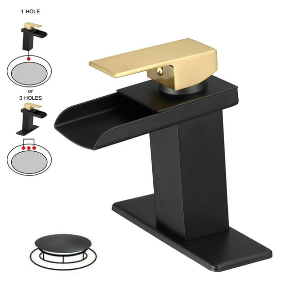 Waterfall Single Handle Single Hole Low-Arc Bathroom Faucet Bathroom Drip-Free Vanity Sink Faucet in Matte Black & Gold