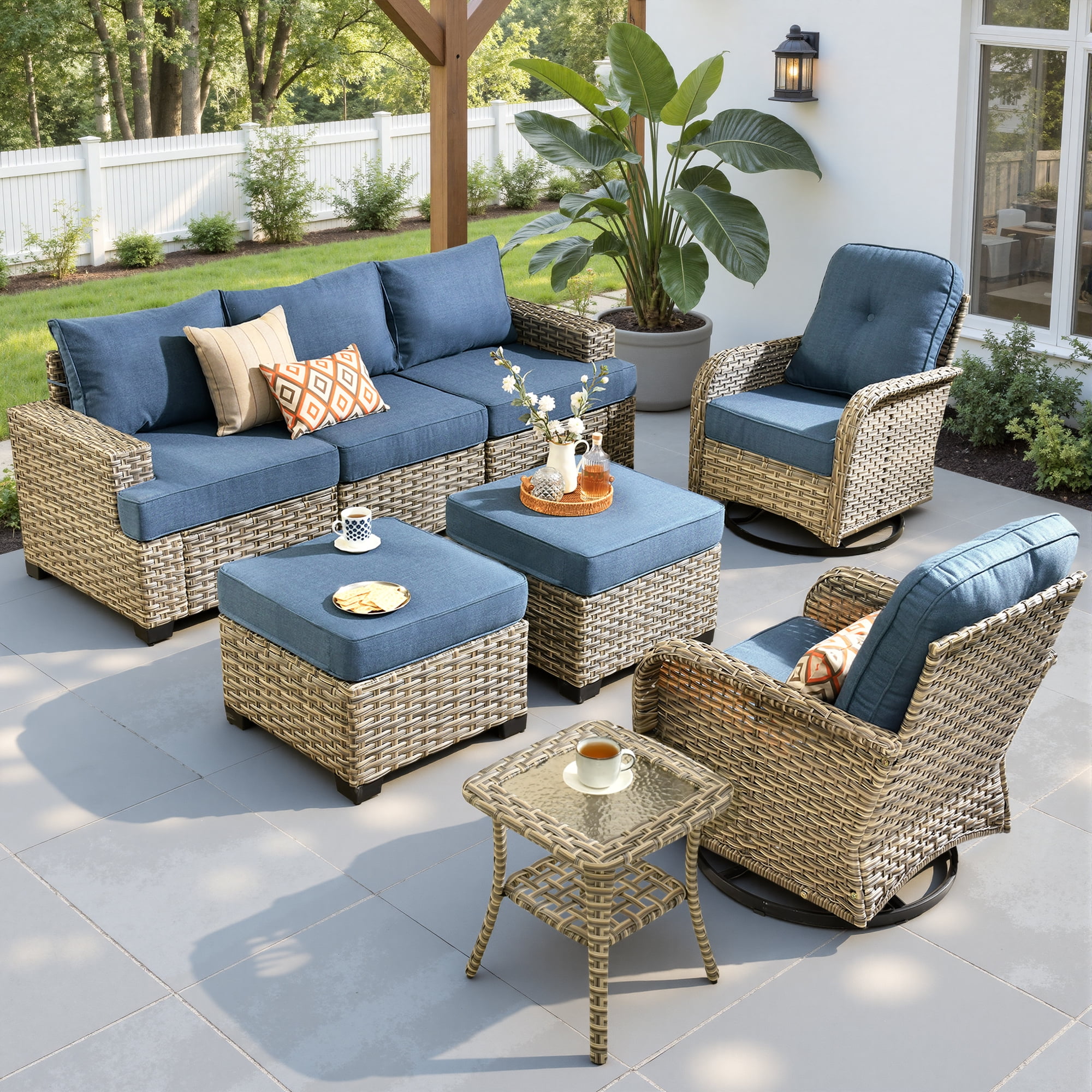 Ovios 8 Pieces Outdoor Patio Sectional Furniture All-Weather Rattan Wicker Conversation with Swivel Glider Rocking Chair Patio Sofa Outdoor Chairs for Backyard Balcony
