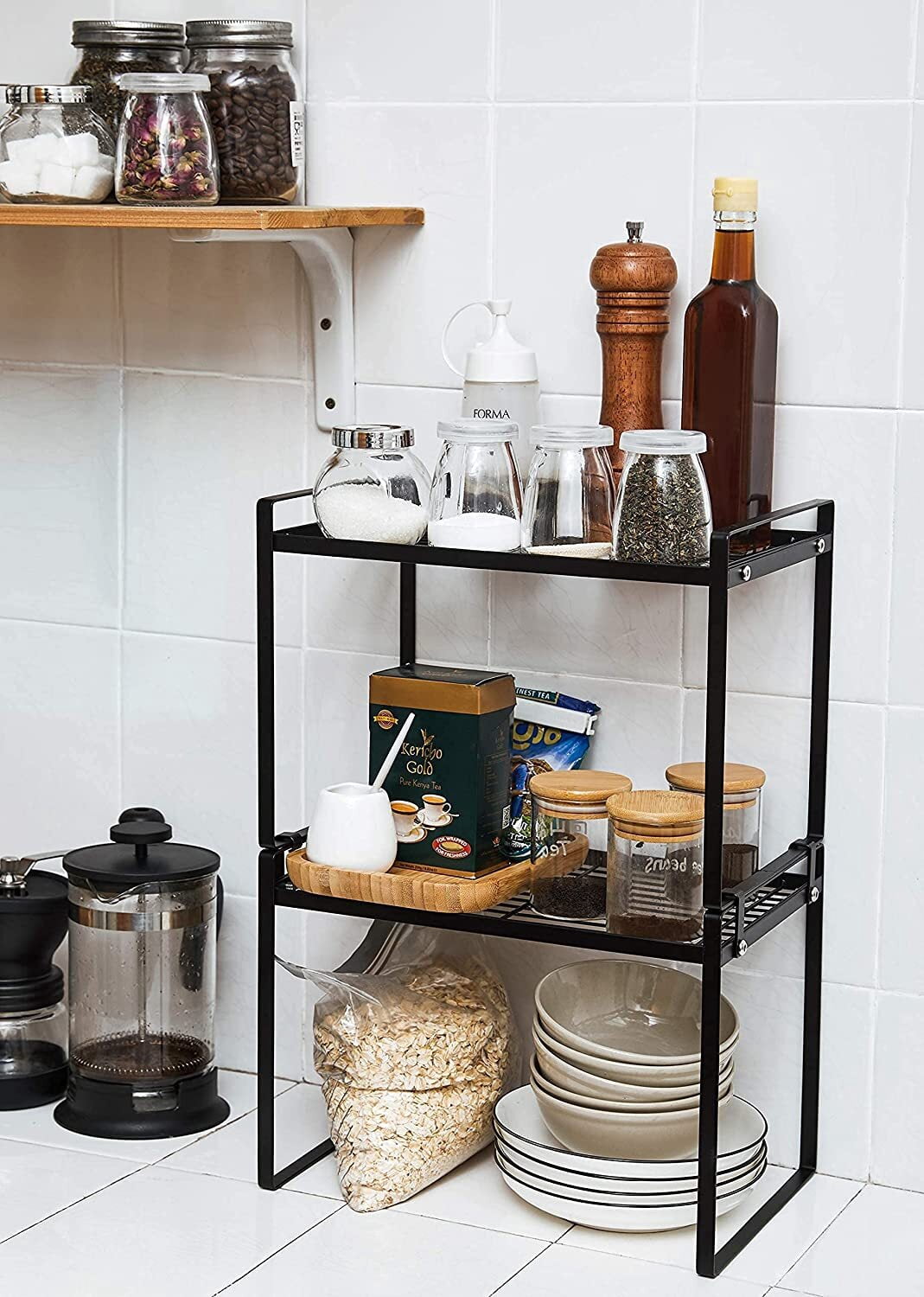 SUNFICON 2 Pack Cabinet Shelf Organizer Storage Rack Space Saving for Kitchen Counter Pantry Bathroom Cupboard Under Sink Office Table Desk Steel Stackable Rust Resistant 20”Black w Connected Hooks