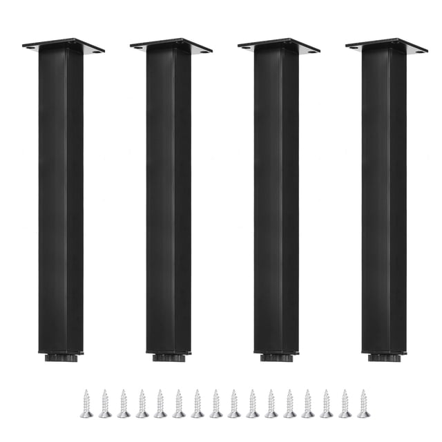Set of 4 black 12-inch adjustable furniture legs made of durable metal, designed for tables, sofas, cabinets, and couches. Each leg features a square mounting plate with 4 pre-drilled holes for easy installation and includes screws and mounting plates. The legs allow height adjustment from 12 inches (300mm) to 12.5 inches (315mm) using a round rubber base. Suitable for DIY projects, furniture upgrades, or replacing worn-out legs in living rooms, bedrooms, or offices.