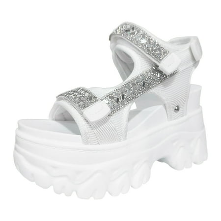 

ILJNDTGBE Womens Platform Sandals Adjustable Buckle Flat Sandals Women Summer Buckle Strap Solid Rhinestone Casual Open Toe Square Heels Comfortable Beach Shoes Sandals