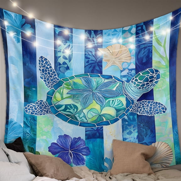 Blue Turtle Coastal Tapestry for Bedroom Wall Hanging Tapestry, Nautical Beach Summer Sea Retro Ceiling Backdrop Tapestries Poster Blanket Wall Decor for Teens Room Living Room Dorm 59" x 90"