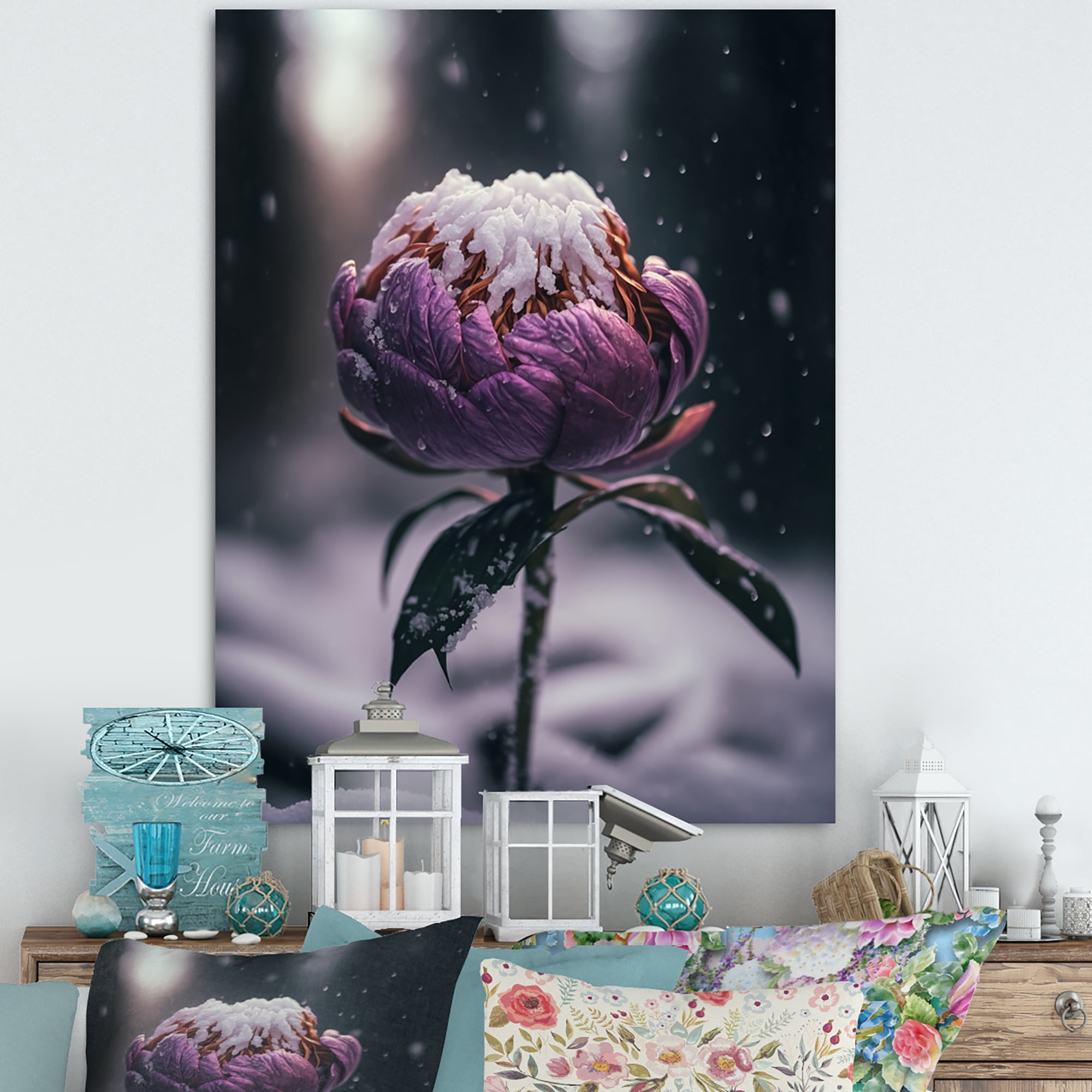 Designart A Blooming Puple Peony Flower In Winter I Canvas Wall Art