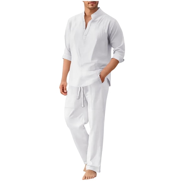 BTDECLAR Men 2 Piece Linen Set Outfits Casual Drawstring Long Pants Roll Up Sleeve Quarter Button Shirts Lightweight Summer Beach Sets with Pocket