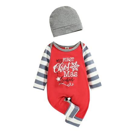 

2Pcs Baby Christmas Outfit Splicing Long Sleeves Snaps Jumpsuit + Beanie Hat 0-18 Months