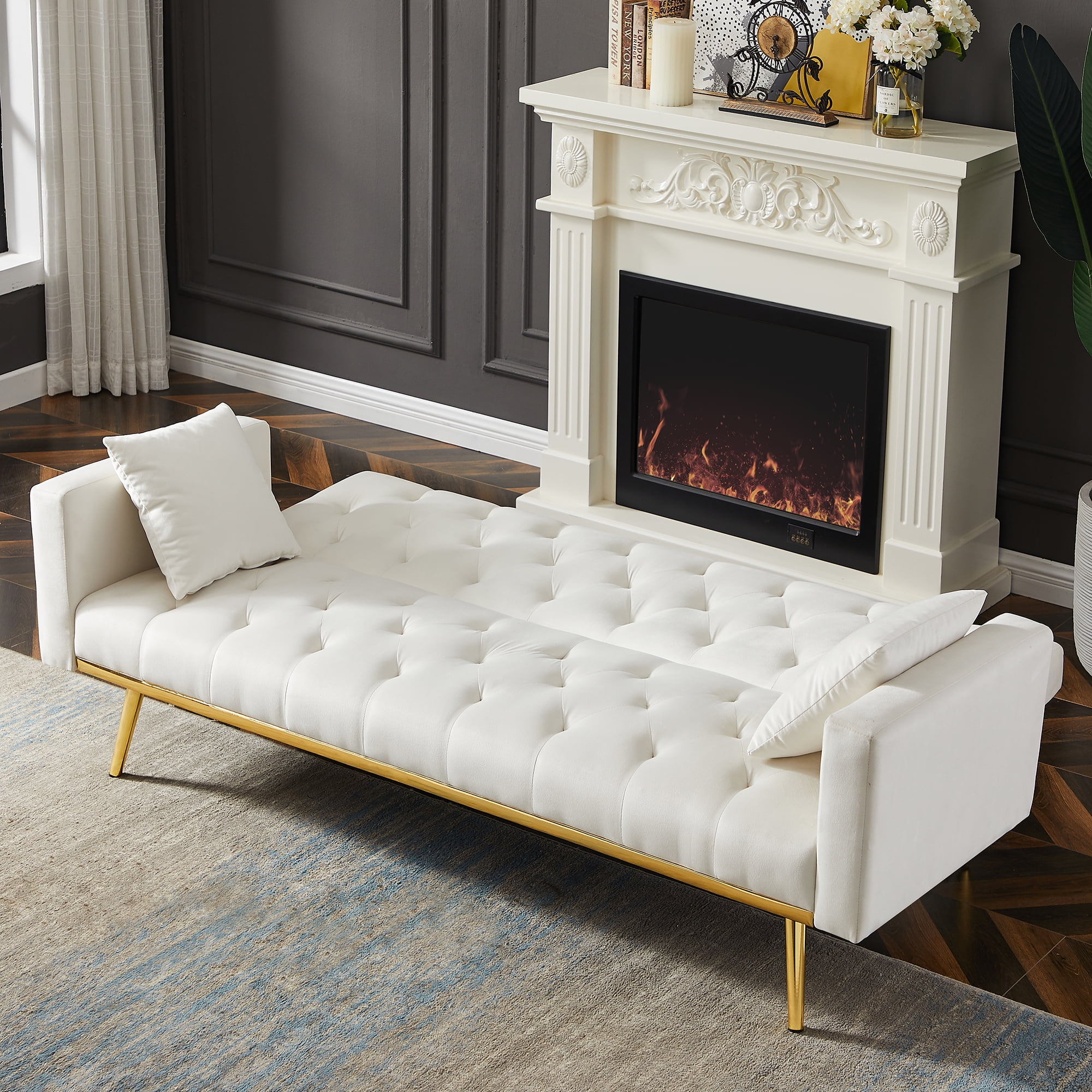 Kadyn Velvet Upholstered Sofa, Modern Convertible Folding Futon Sofa Bed for Apartment, Living Room Sofa with 2 Throw Pillows, White