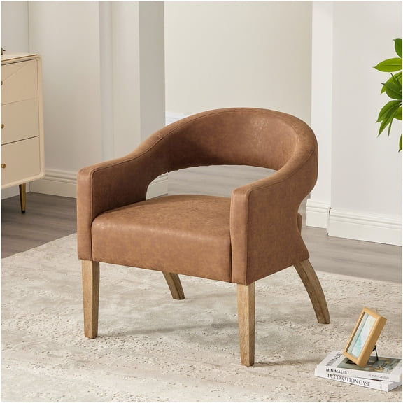 JERFIT Modern Accent Chair, PU Leather Barrel Chair with Open Back & Solid Wood Legs for Dining Room, Living Room, Cafe, Brown