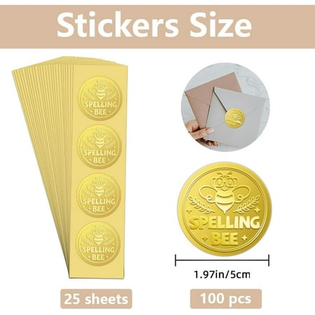100Pcs 2" Bee Gold Foil Seal Stickers Gold Spelling Bee Seals Embossed Foil Stickers Self Adhesive Seals Sticker Round Labels for Invitation Cards Party Gift Sealing Envelopes
