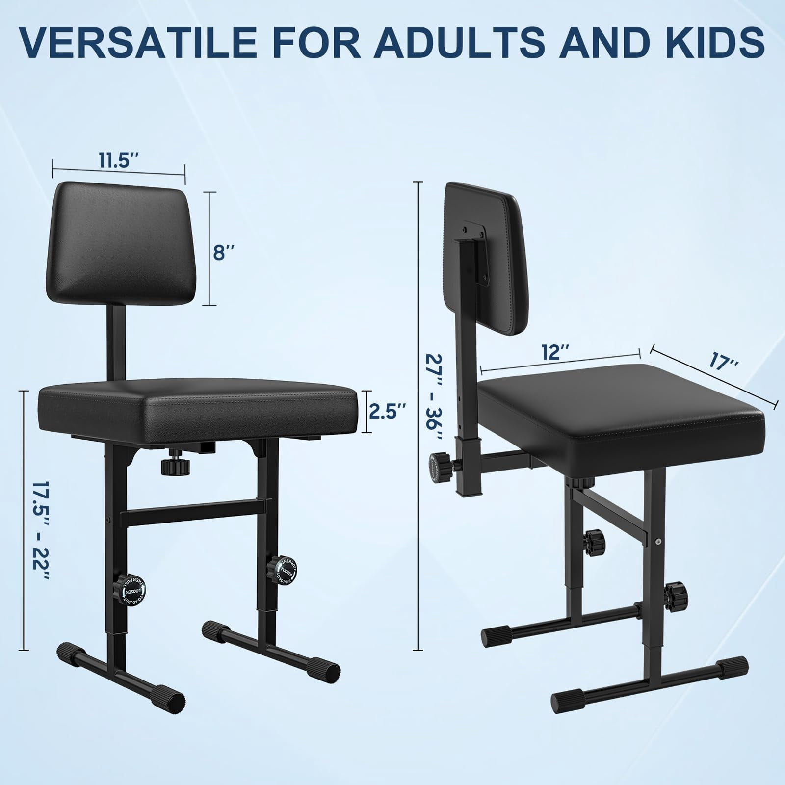 Keyboard Bench Piano Padded Cushion With Backrest Height Adjustable 17.5in - 22in Chair Black (thick Padding) Iron Legs
