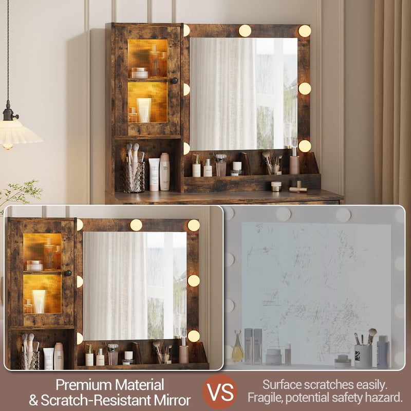 TROPOW Vanity Desk with Mirror and Lights Elegant Makeup Vanity Table with Drawers & Cabinets, Storage, Sturdy MDF Top, Adjustable Brightness Bulbs, Built-in Power Outlet & USB Ports,Brown