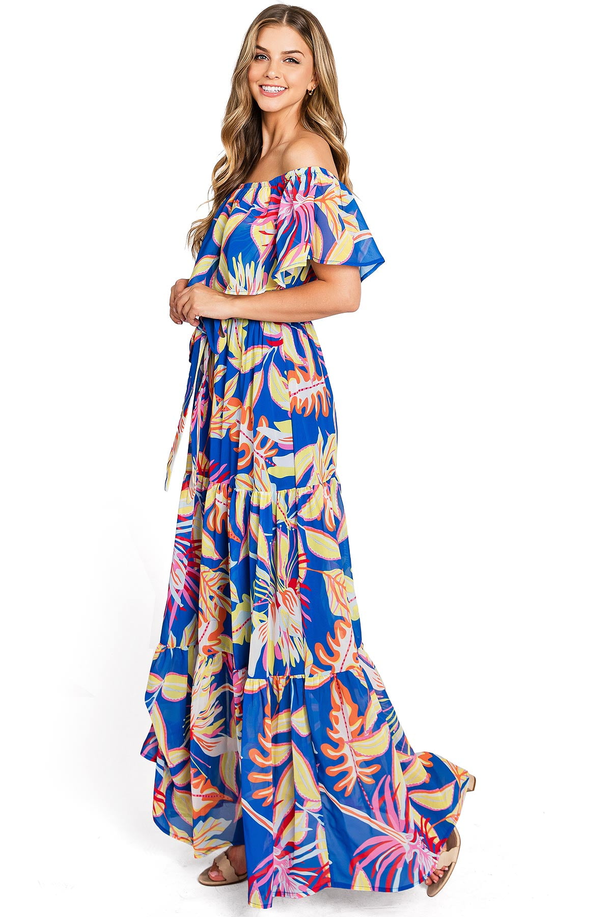 Flying Tomato Women's Off-Shoulder Bright Floral Print Maxi Dress (Blue,  Medium)
