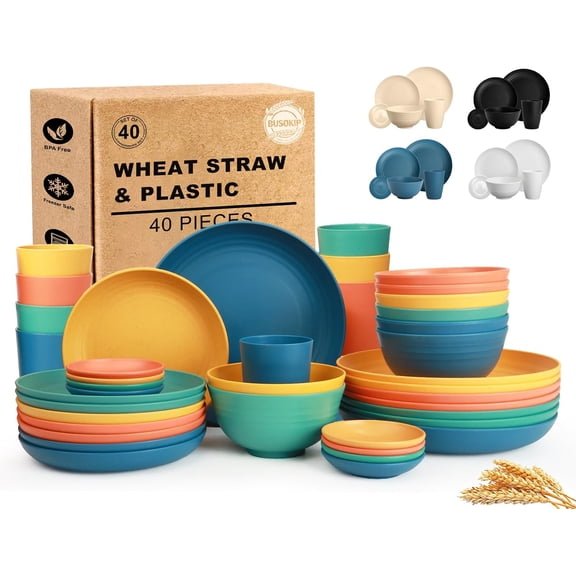 Wheat Straw Dinnerware Sets 40 Piece, Kitchen Plates and Bowls Set, Unbreakable Dishes Set for 8, Microwave and Dishwahser Safe Dishware Sets for Home, Camping, RV, Party - Multi