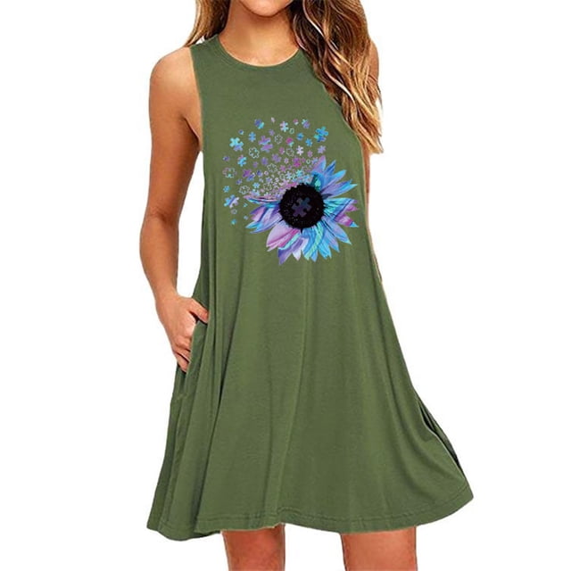 Robe Midi Décontractée Sans Manches à Fleurs pour Femmes Grande Taille, Robe de Plage Ample