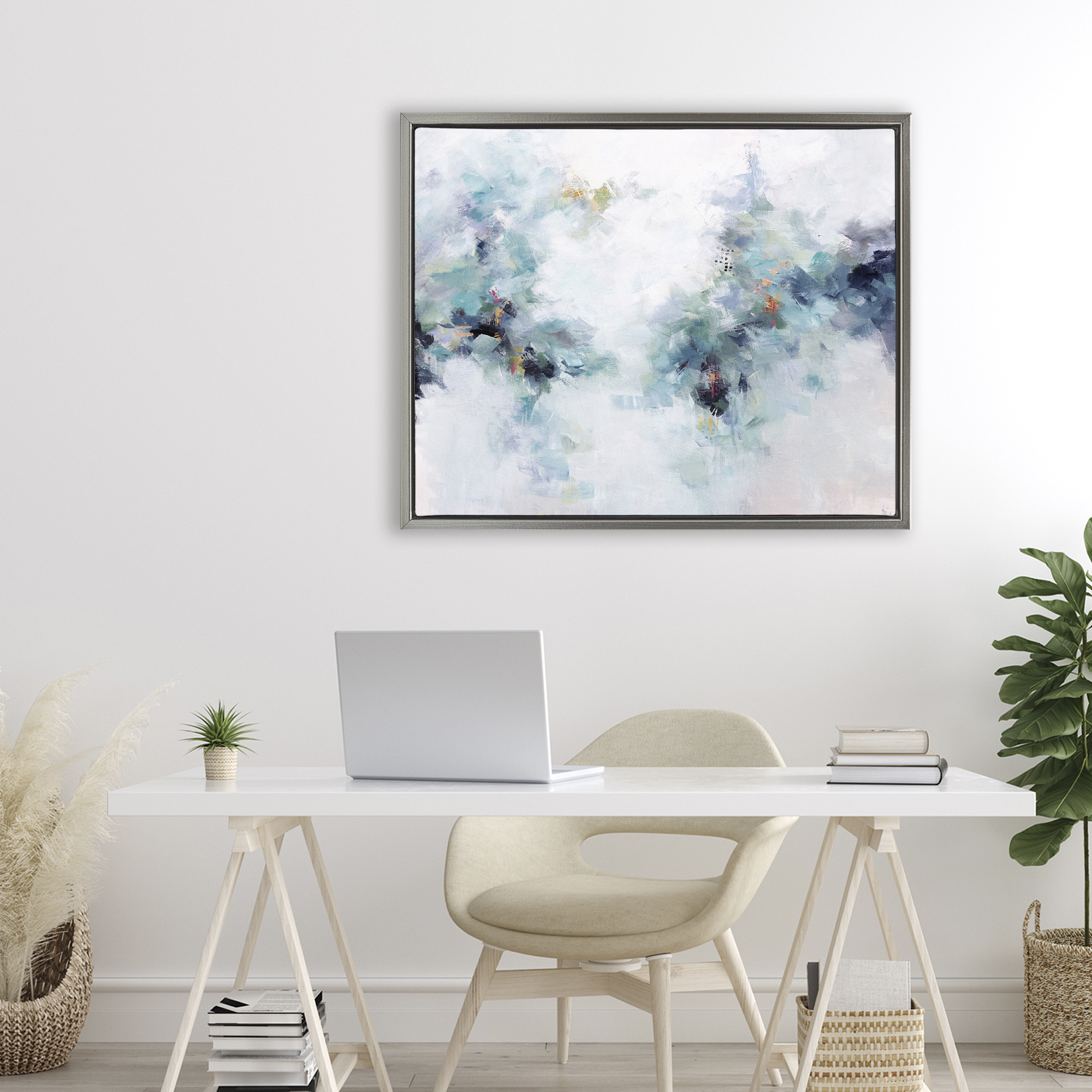 Reaching Out Abstraction Gray Framed Floater Canvas Wall Art, design by Karen Hale