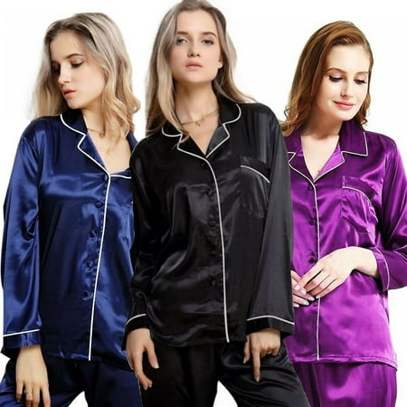 Women Silk Satin Pajamas Set Long Sleeve Button-Down Sleepwear Lady ...
