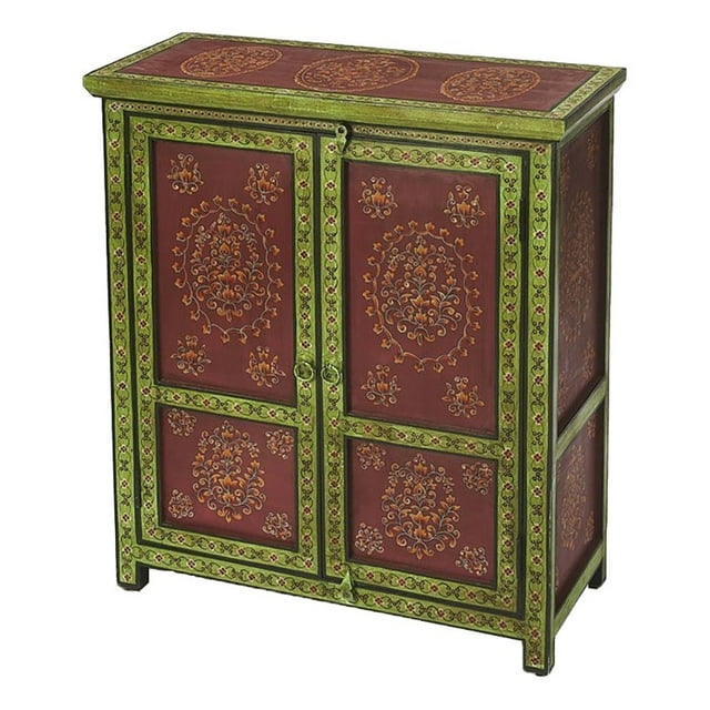 Beaumont Lane Boho Chic Traditional Wood Hand Painted Chest in Green/Red
