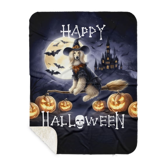 Happy Halloween Afghan Hound Witch Pumpkins Bats Cozy Sherpa Blanket Dog Lover Warm Soft Throw Blanket - 13012