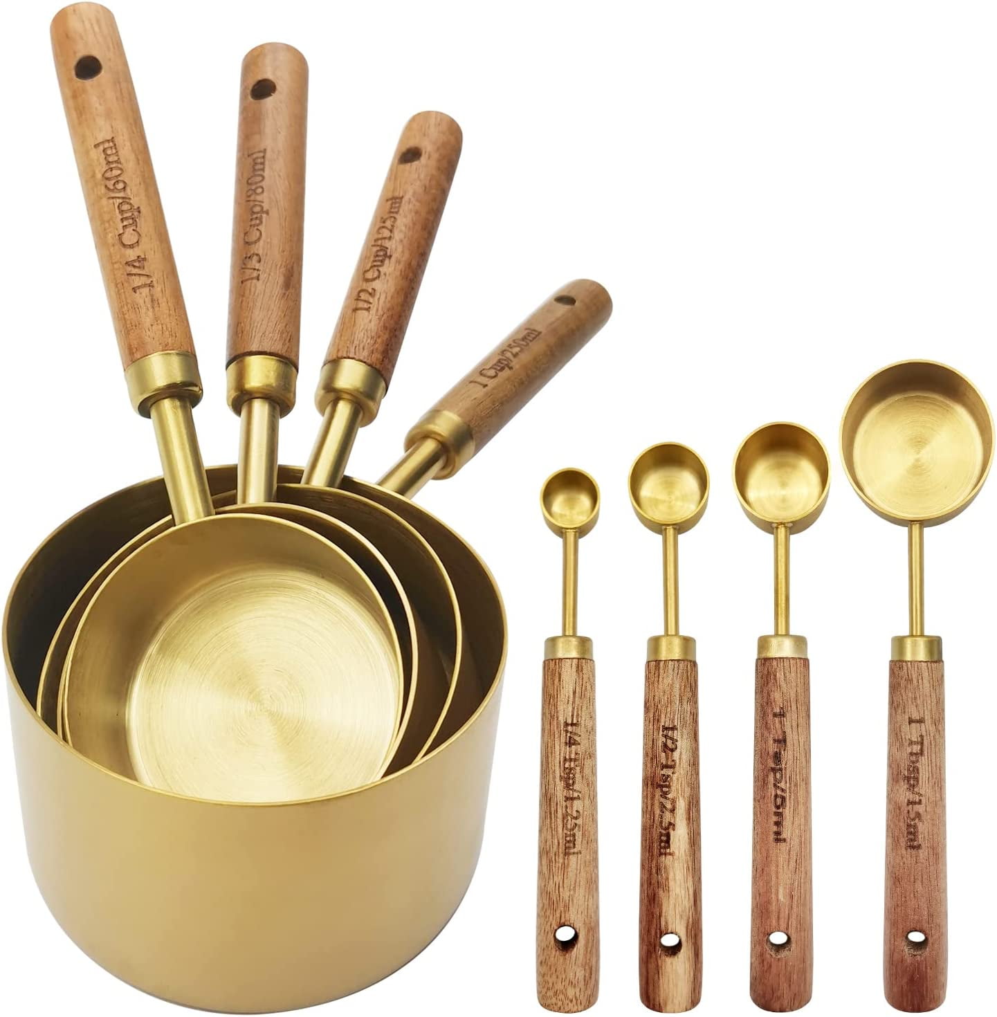  Muchtolove Measuring Cups and Spoons Set of 8, Golden Stainless  Steel Measuring Cup with Wooden Handle, Kitchen/Food/Liquid/Baking: Home &  Kitchen