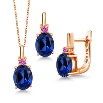 Gem Stone King 7.05 Ct Blue Created Sapphire Pink Created Sapphire 18K Rose Gold Plated Silver Pendant and Earrings Jewelry Set