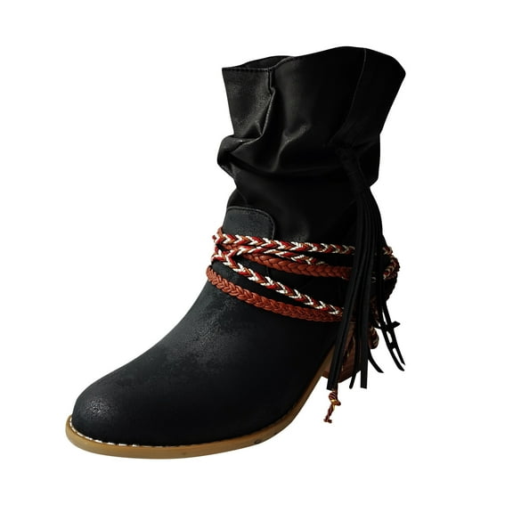Fesfesfes Boots for Teen Girls Winter Solid Color Vintage Tassel Tied Sleeve Heel 9.5(43)