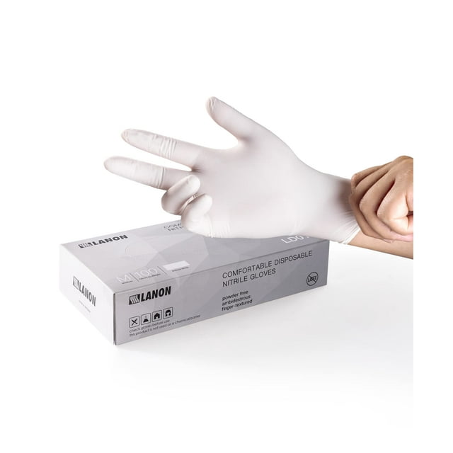 Guantes desechables de nitrilo LANON, aptos para alimentos, blancos, medianos