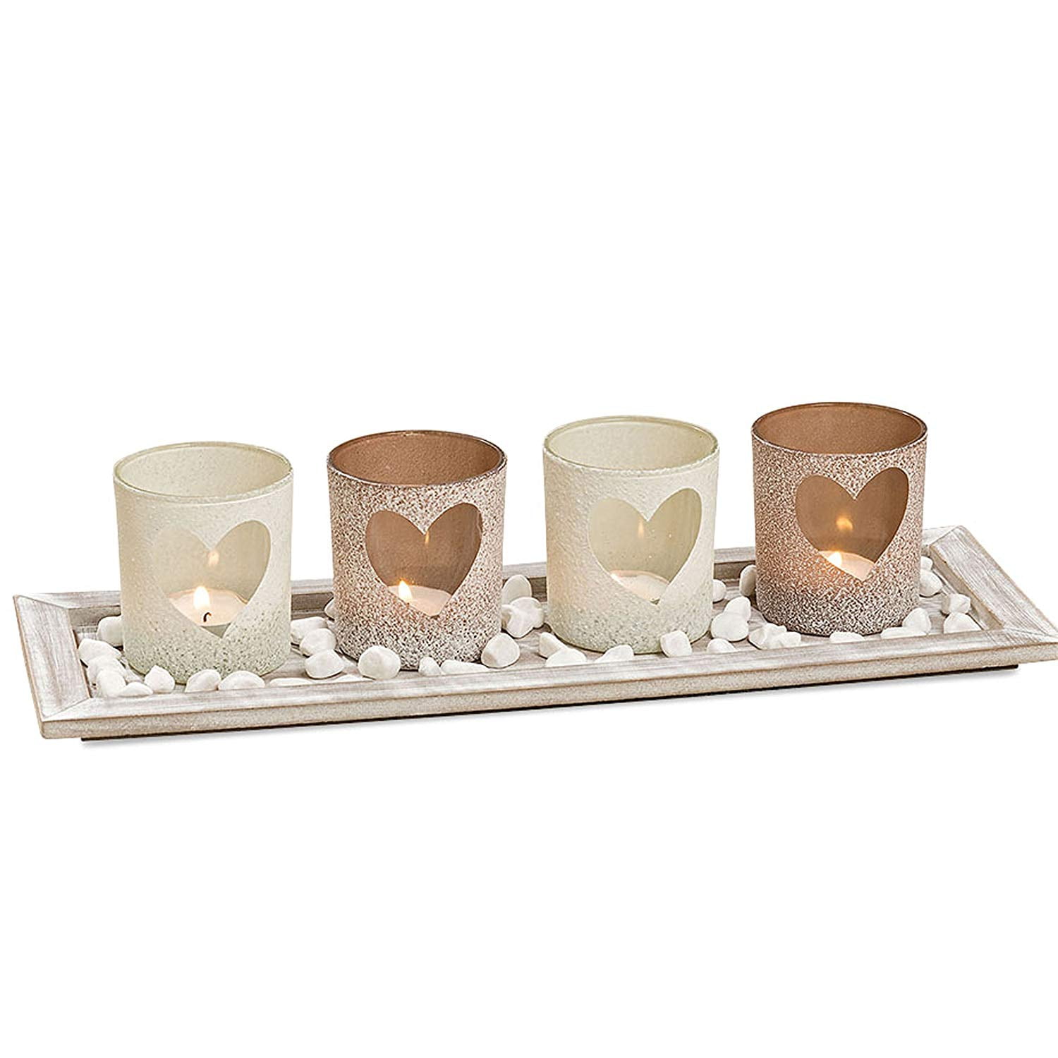 Includes 5 Glass Tealight Candle Holders Reflective Rhinestones 14.5 Inches Shimmery Silver Inset Mirror 1 Glass Pebble Pack and 1 White Wood Tray White Nights Wind Lights Centerpiece Set of 7