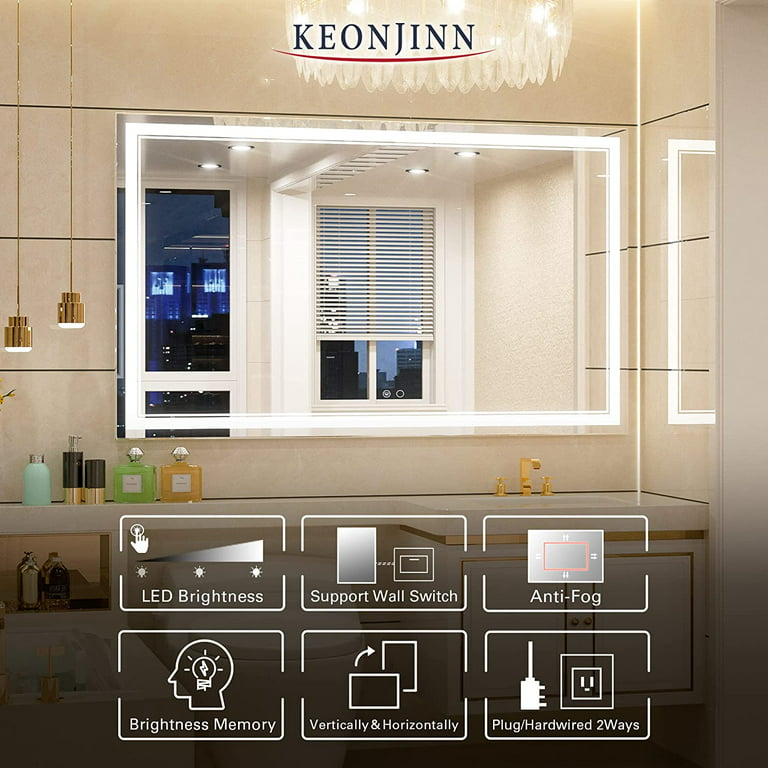 Keonjinn LED Bathroom Mirror, 60 x 36 inch Rectangle LED Vanity Mirror with  Lights, Modern Wall Mounted Anti-Fog Dimmable Large Lighted Makeup  Mirror(Horizontal/Vertical) 