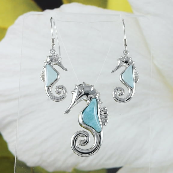 Unique Hawaiian Genuine Larimar Seahorse Earring and Necklace, Sterling Silver Larimar Seahorse Pendant, N8446S Birthday Christmas Mom Gift